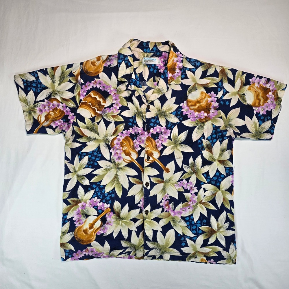 Kula Bay Hawaiian Shirt Mens Large Navy Blue Ukulele Floral Lei Cotton Hawaii